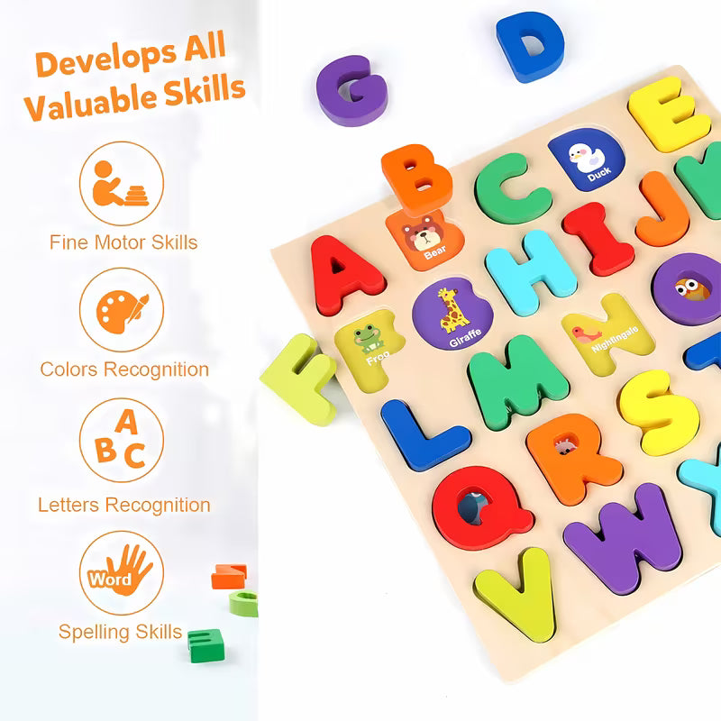 Wooden Alphabet and Number Puzzle with Mixed Colors with Puzzle Board