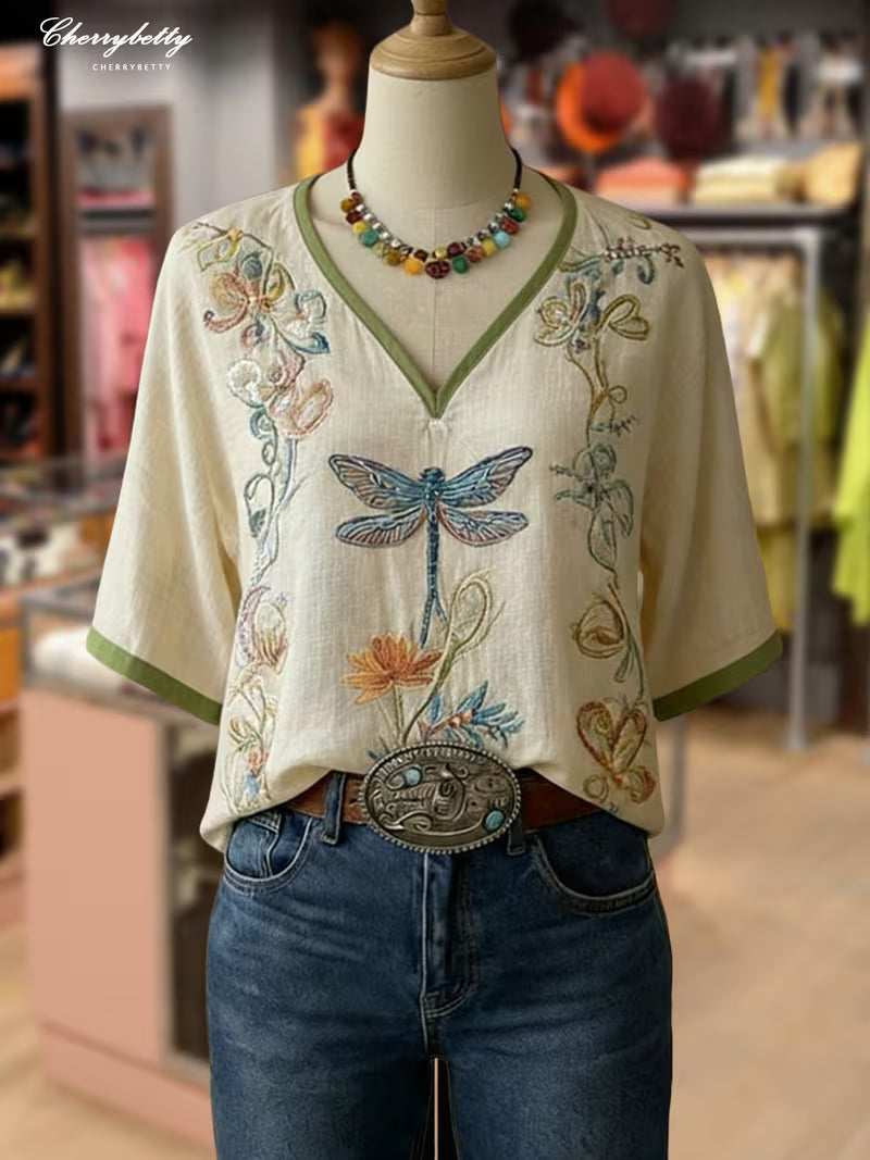 CHERRYBETTY Retro Floral Embroidered V-Neck Short Sleeve Top, Women's Tops And Blouses