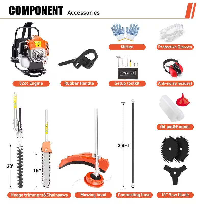 52Cc 6-In-1 Gas Hedge Trimmer, Weed Eater, Pole Saw