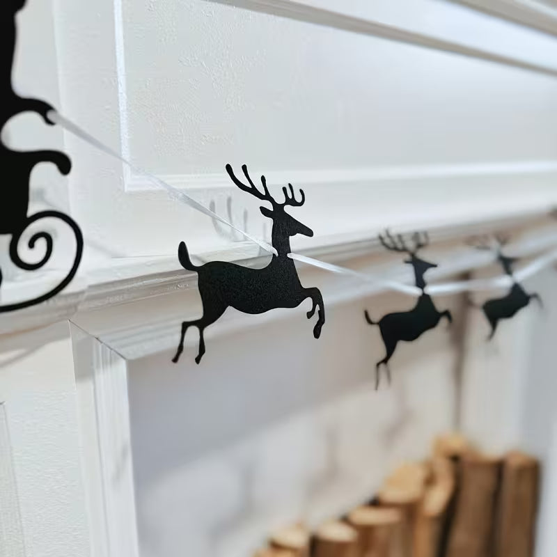 Black Felt Classic Christmas Reindeer & Santa Sleigh Garland
