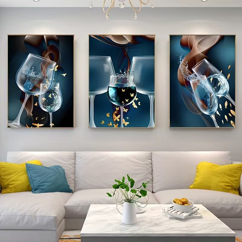 2D Flat 3pcs 15.7*23.6in/40cm*60cm Frameless Abstract Wineglass Wine Wall Art Canvas Painting