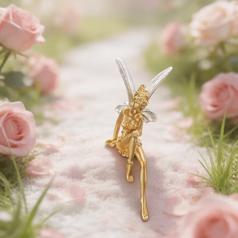 1pc Collectible Figurines Golden Matte Sitting Dangling Legs Flower Fairy Resin Ornament