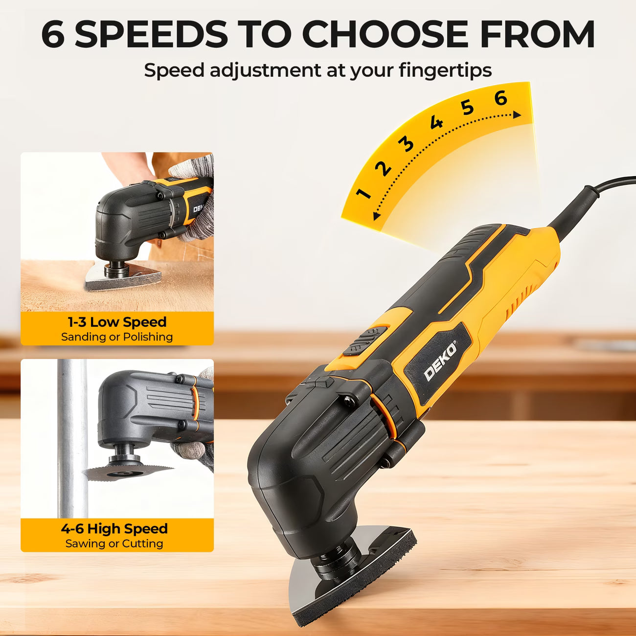 DEKO Corded Oscillating Multi-Tool, 22000 RPM 6-Speed with 10 Sandpapers