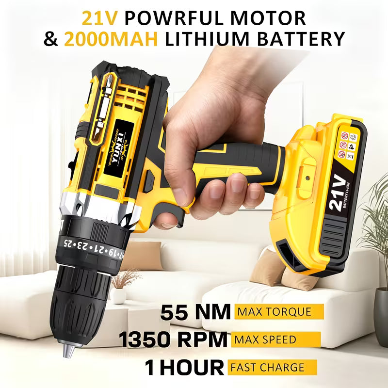 21V Rechargeable Impact Drill, Electric Screwdriver Tool Set, Wood