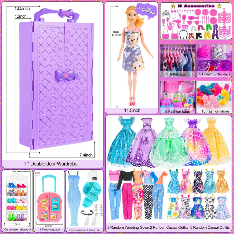 Doll Closet Playset with Doll Clothes and Accessories Including One Doll