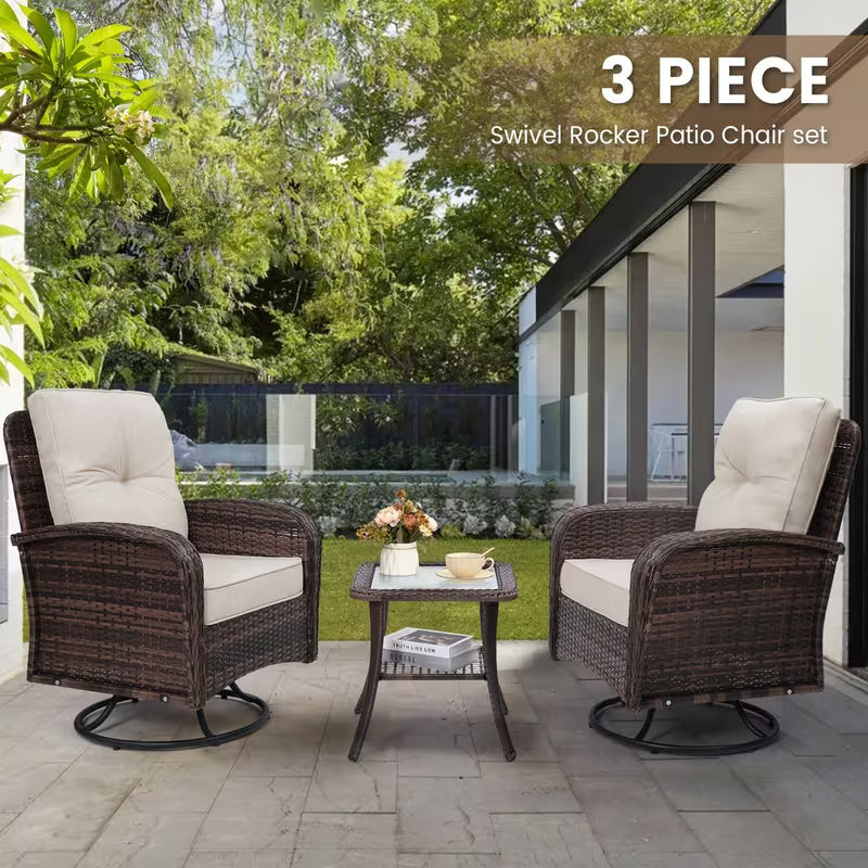 3pcs Patio Furniture Set, Outdoor Swivel Rocking Chairs with Glass Top Table and Thick Cushions