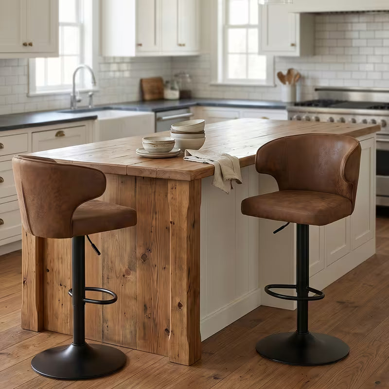 Bar Stools Set of 2 Adjustable Swivel Counter, Leather, Brown