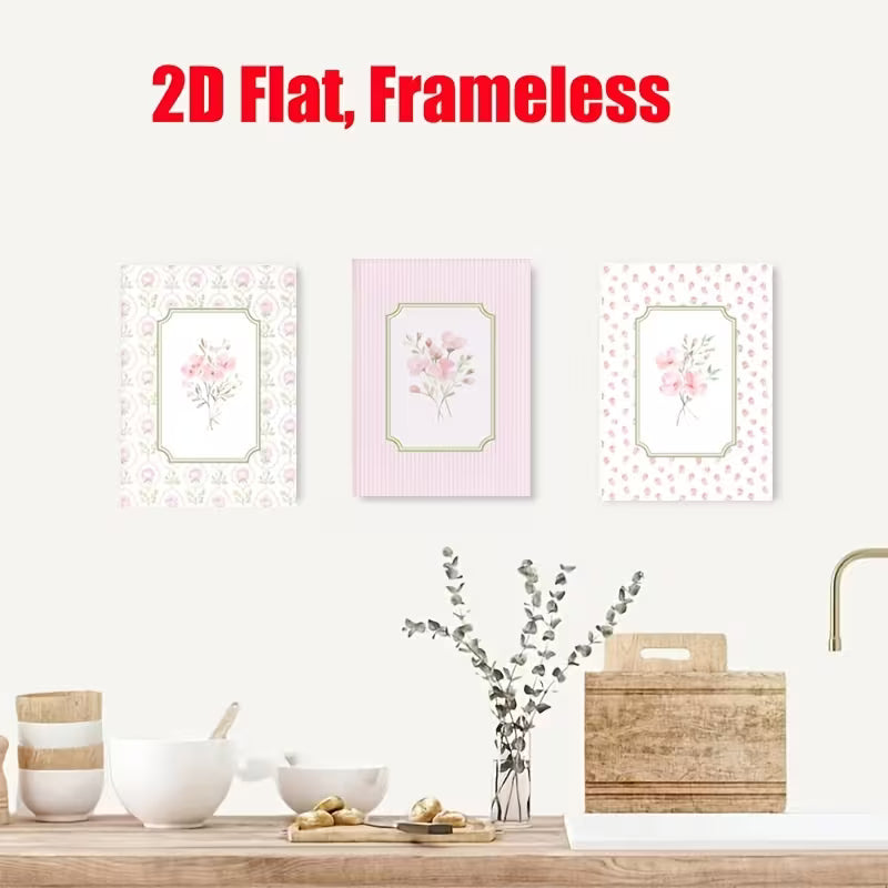 2D Flat, 2D Flat, Frameless, 3pcs, Pink Floral Canvas Painting