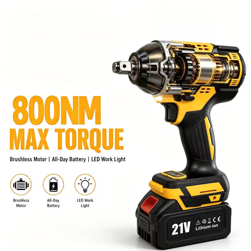 21V Brushless Impact Wrench - 800Nm High Torque, Brushless Motor, LED Light, 3-Speed Adjustment