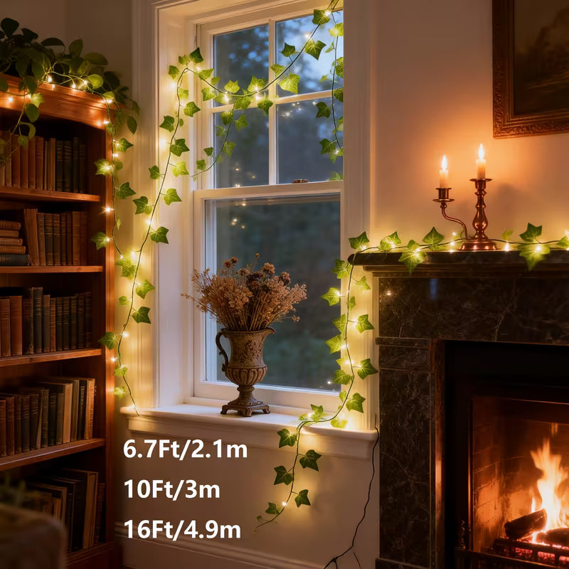 Battery-Powered Ivy String Lights - Realistic Green Leaf, Green