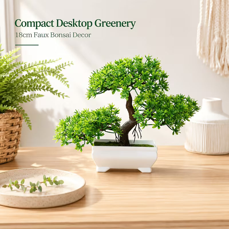 Green Faux Juniper Bonsai Set, White