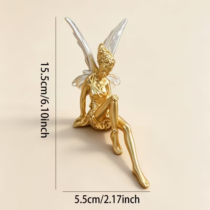 1pc Collectible Figurines Golden Matte Sitting Dangling Legs Flower Fairy Resin Ornament