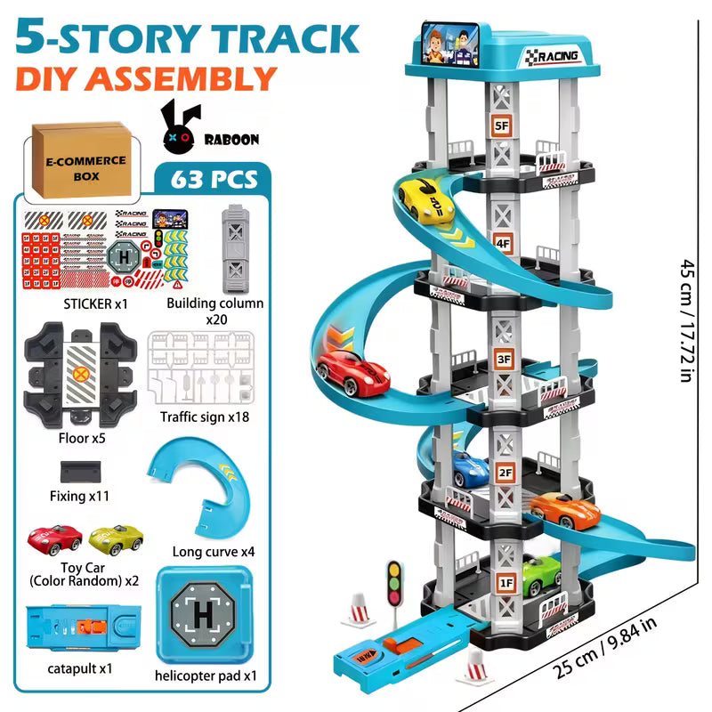 5-Layer 3D Parking Garage Track Set with 2 Race Cars