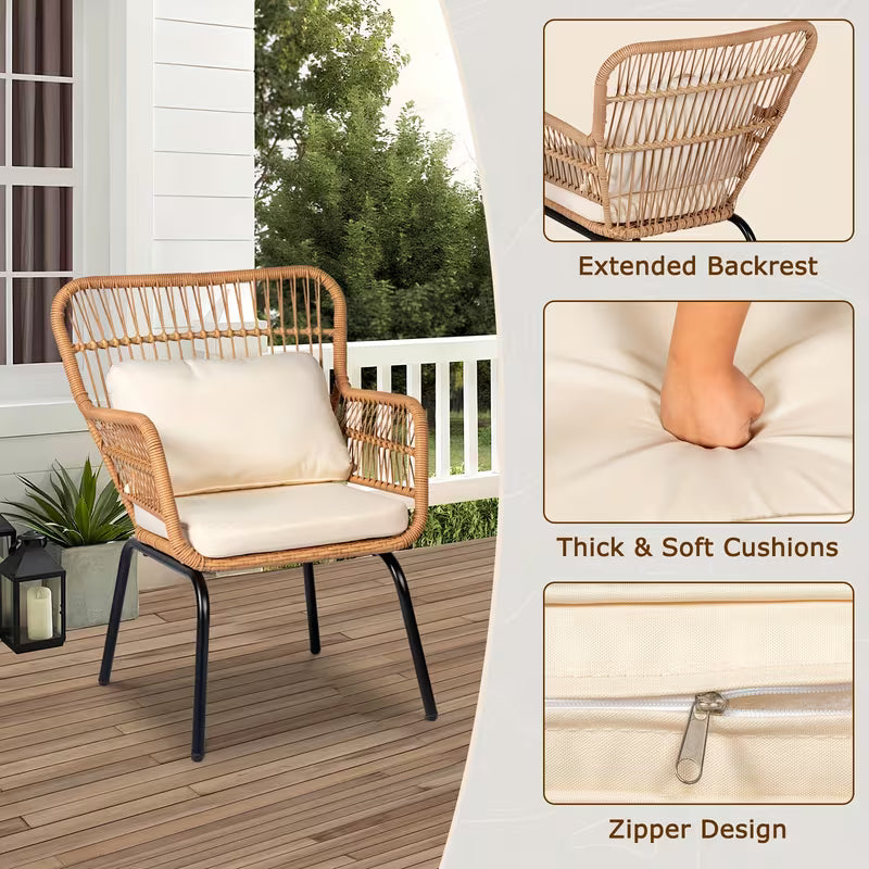 3pcs Boho Outdoor Small Patio Furniture Chair Set With Beige Cushion And Round Glass Table Side
