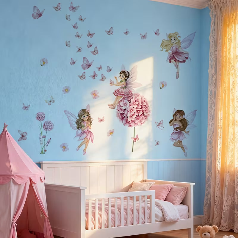 1set Pink Floral Fairy Butterfly Wall Sticker, Removable, Pvc, Pink