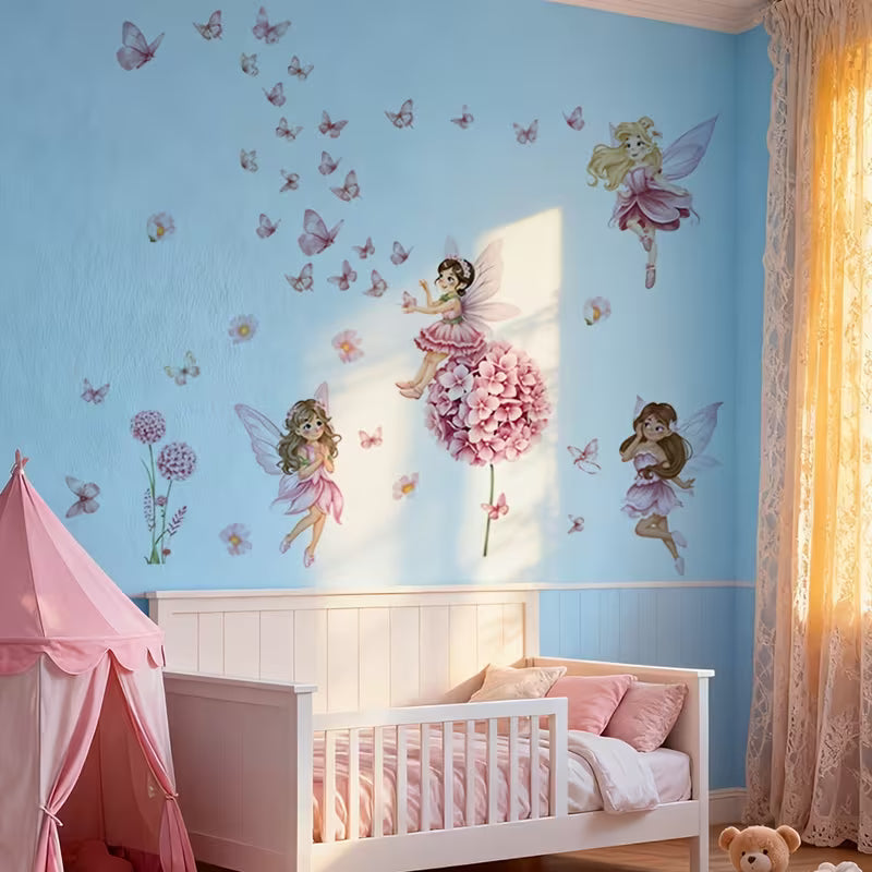 2pcs/1set Pink Floral Fairy Butterfly Wall Sticker, Removable PVC Aesthetic Girly Art Decal
