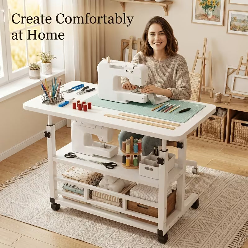 Height-Adjustable Sewing And Crafting Workstation with Built-In Storage And Lockable Casters.