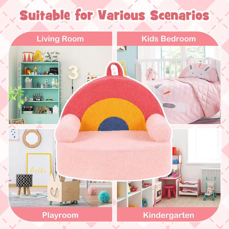 Kids Couch, Foam Sofa with Soft & Machine-Washable Teddy Fleece Cover, Non-Slip Base, Handle