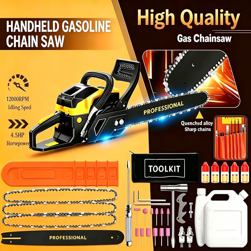 62cc 4.5HP 20Inch Gas Chainsaw 12000RPM, 2-Stroke Gasoline Powered Chainsaw Cutting Wood Gas Sawing