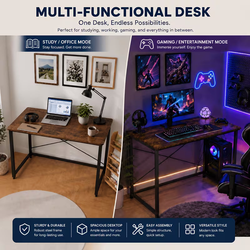 Collapsible Folding Desk, Rustic Brown Computer Table, Heavy Duty Steel Frame, No Assembly Needed