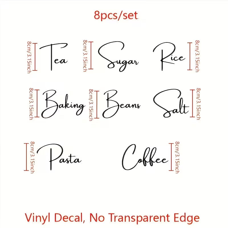 1 Set of 8pcs Vinyl Kitchen Bottle Labels | Suitable for Tea, Coffee, Sugar, Baking, and Salt