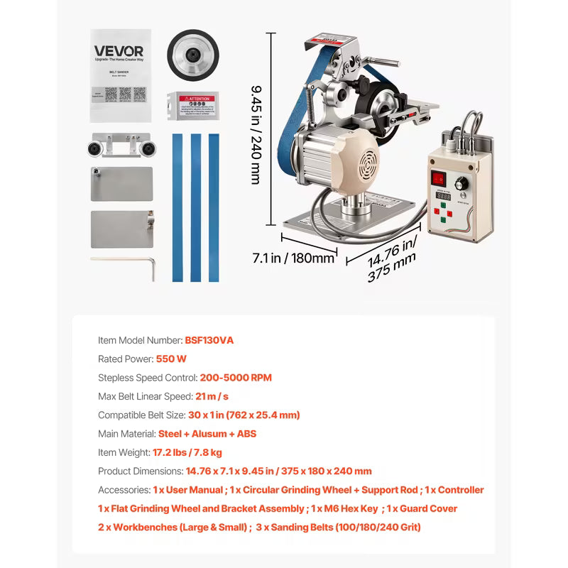 VEVOR Belt Grinder Sander with VFD, 30 x 1-Inch Variable Speed Belt Polisher
