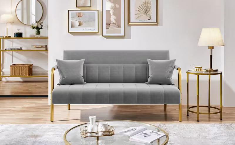 Costoffs Velvet Fabric Sofa Couch, 56.5″ W Modern, Metal, Gold