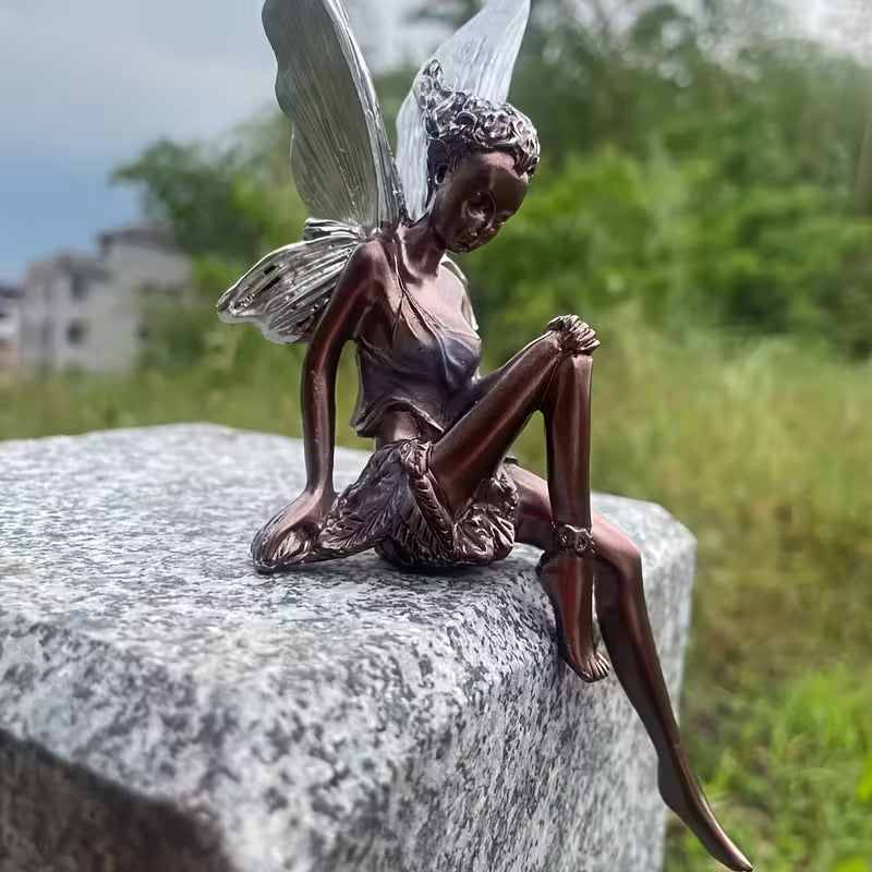 1pc of Bronze Tone Curled Sitting Fairy Decoration Set, Metal, Silver