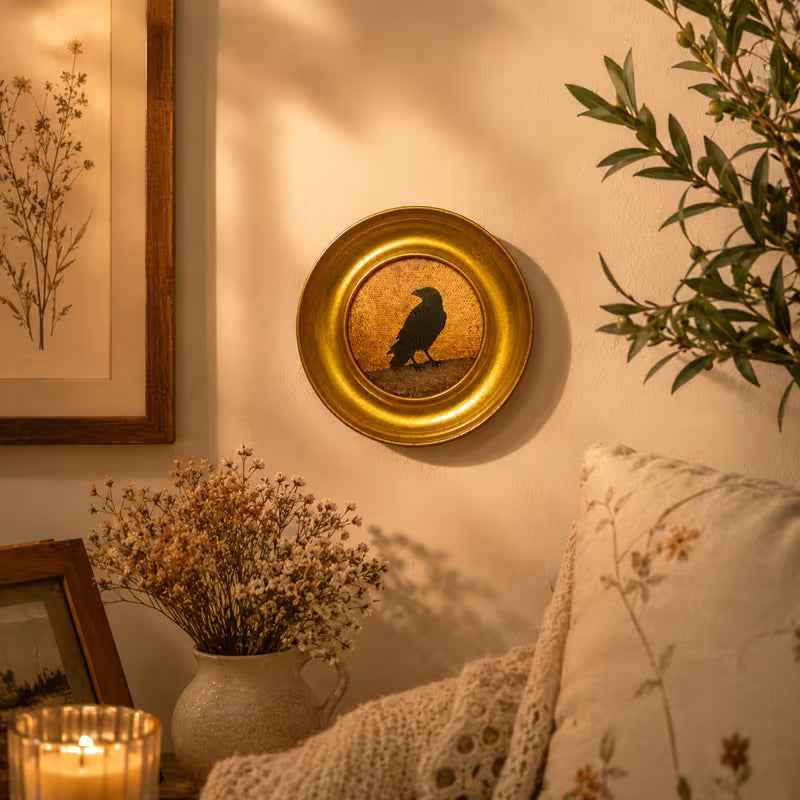 Crow Standing on a Round Metal Photo Frame, Metal, Golden