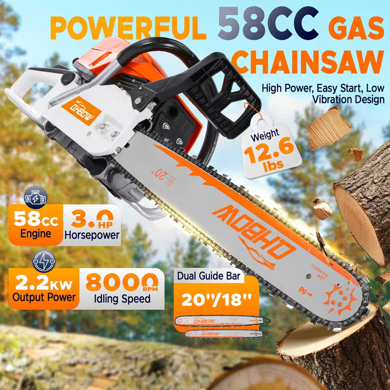 58Cc 2-Stroke Gasoline Chainsaw, Featuring Dual Quick-Switch Bars of 20 Inches And 18 Inches