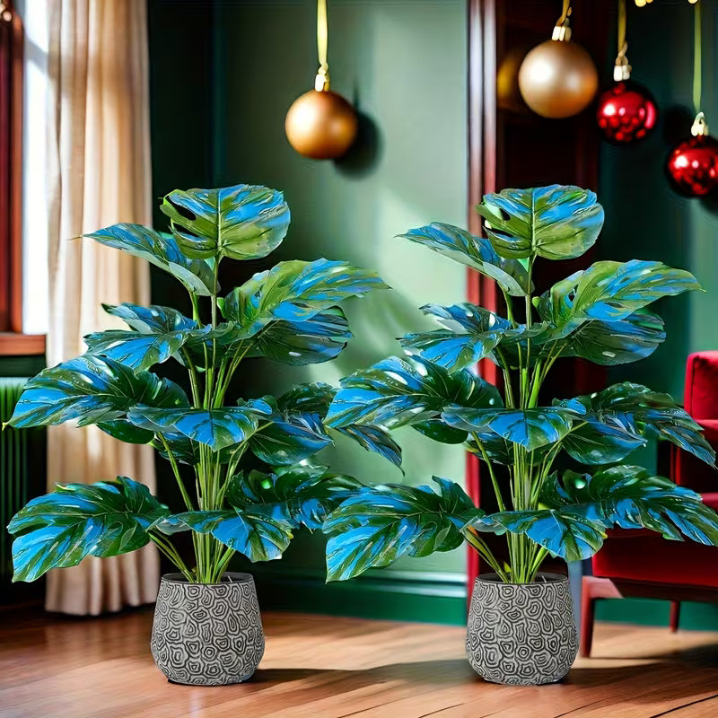 23.62-Inch Large Artificial Green Plant Blue Monstera Tree, Faux Tropical Set, Blue
