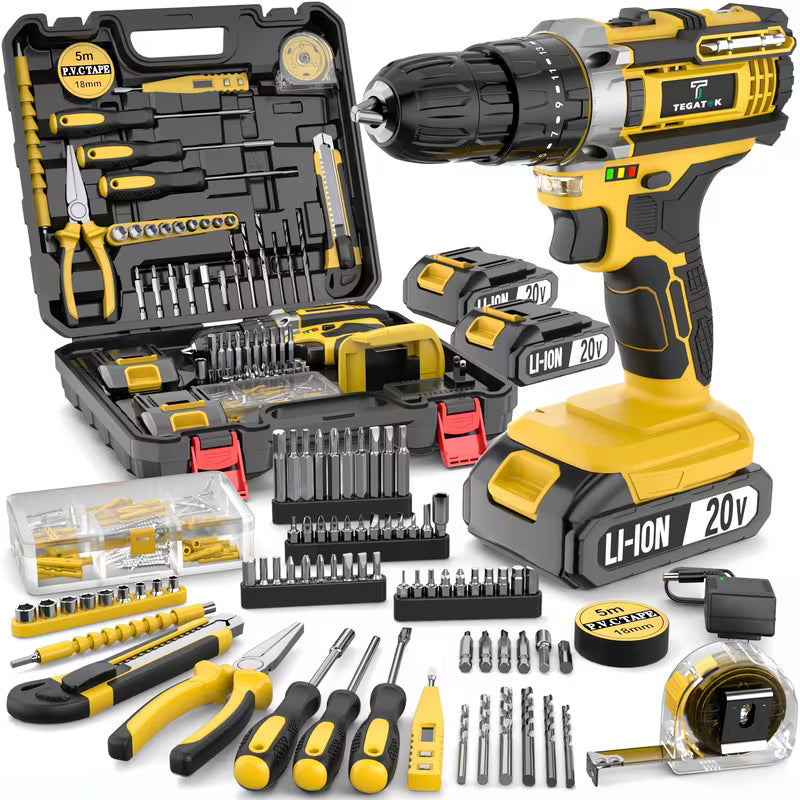 Tegatok 20V 58/136pcs/147pcs Cordless Impact Drill Kit With 20 Plus 3 Torque Settings 45Nm Max