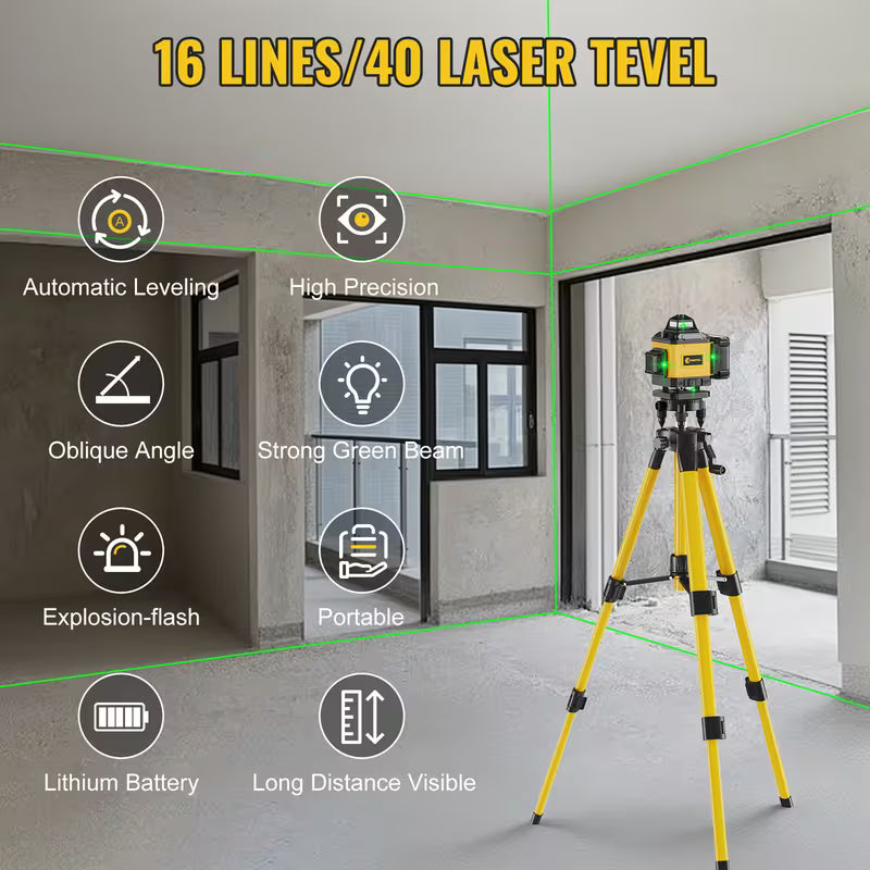 Laser Level 360 Self Leveling, Green Line 4D 16 Lines Laser Leveler Tool Cross Laser with Platform