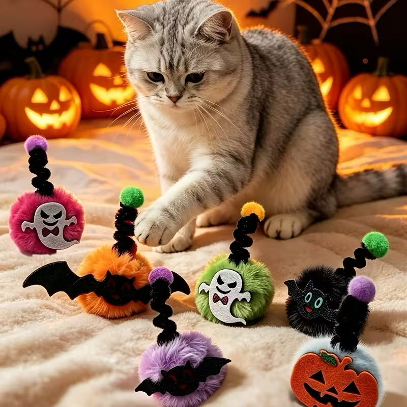 Halloween Colorful Spring Pom Pom Cat Teaser Toys, Self-Play Boredom, Random Color