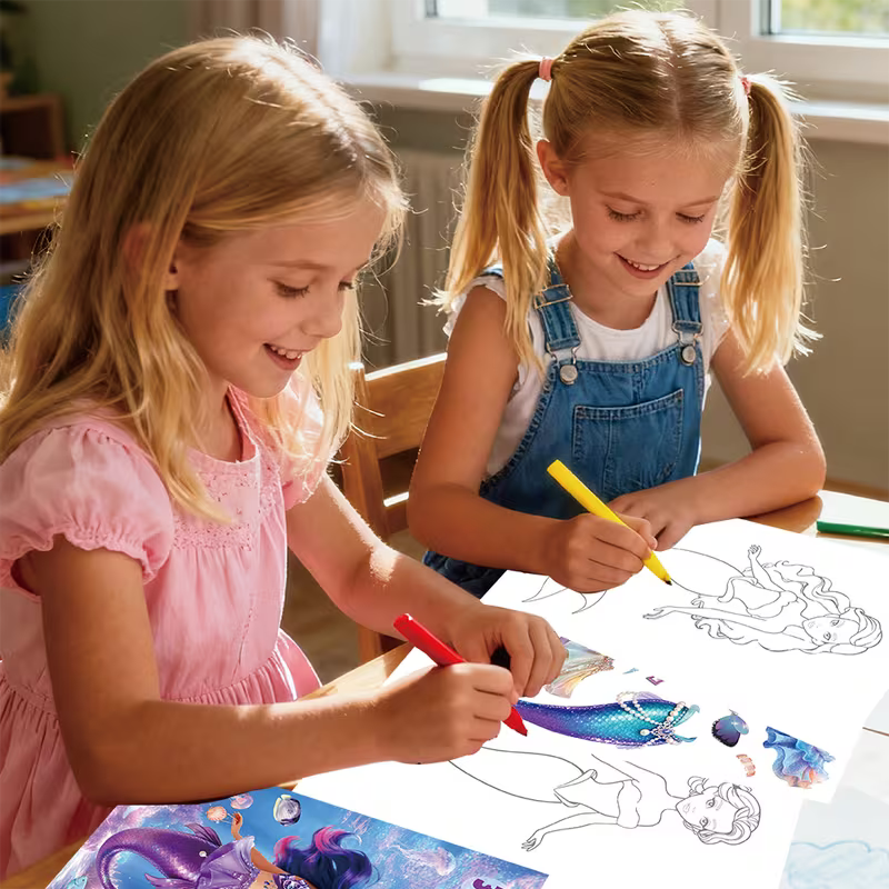Mermaid Fun Coloring Sticker Set- 20 Coloring Pages& 6 Transparent