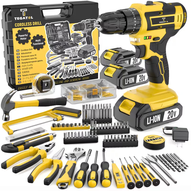 Heavy Duty 20V Cordless Drill Drills Through Wood Metal Concrete, Power Tool Set