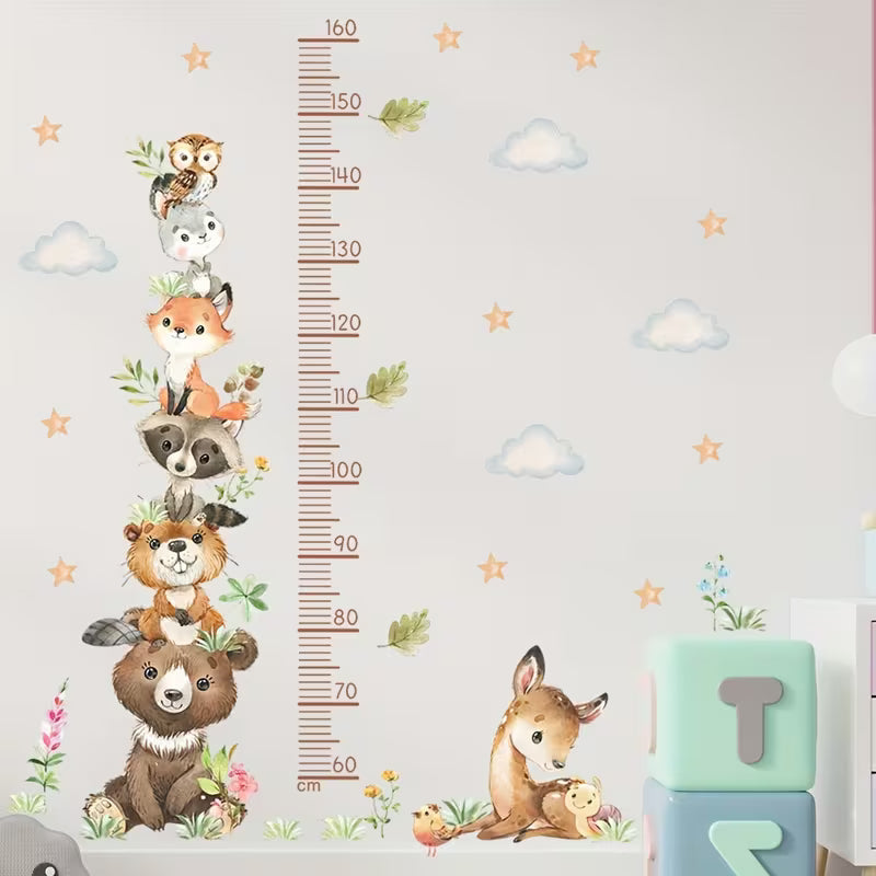 Wall Stickers Featuring Cute Cartoon Animals for Measuring Height, Including Bears And Foxes