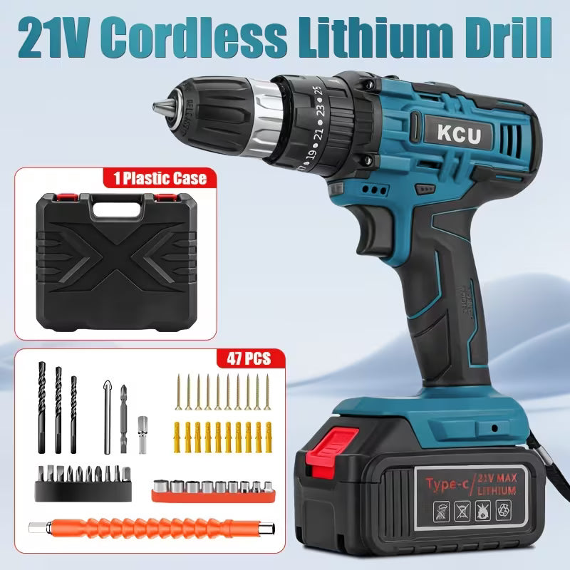 21V Electric Drill, 47pcs, Type-C Charging Port, Blister Packaging