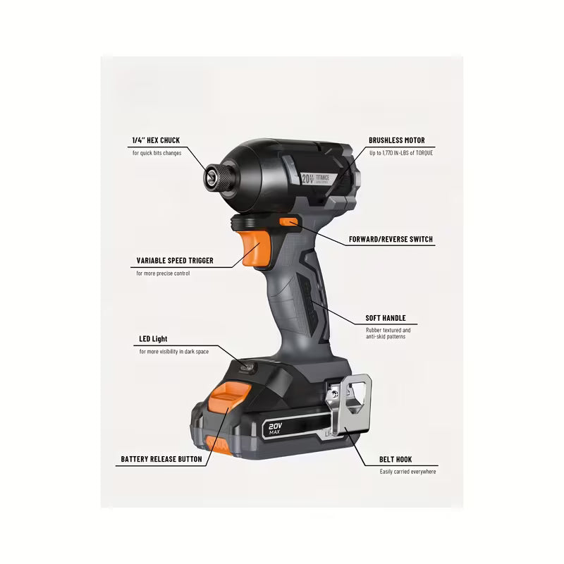 20V Brushless Impact Driver, 1/4" Hex Cordless Driver Kit with Over 1, 770 In-Lbs Torque