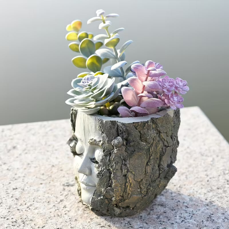 1pc Handcrafted Resin Girl Face Flower Pot - Rustic Wood Texture Design, Irregular Shape