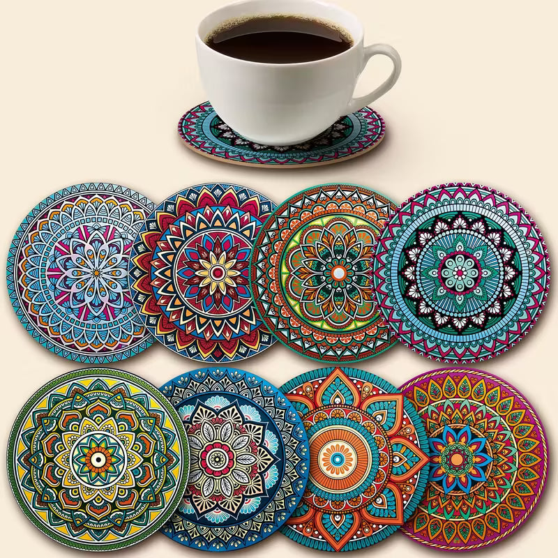 8pcs Wooden Mandala Coasters Set - Essential for Holiday Gatherings, Bars, Offices, Homes