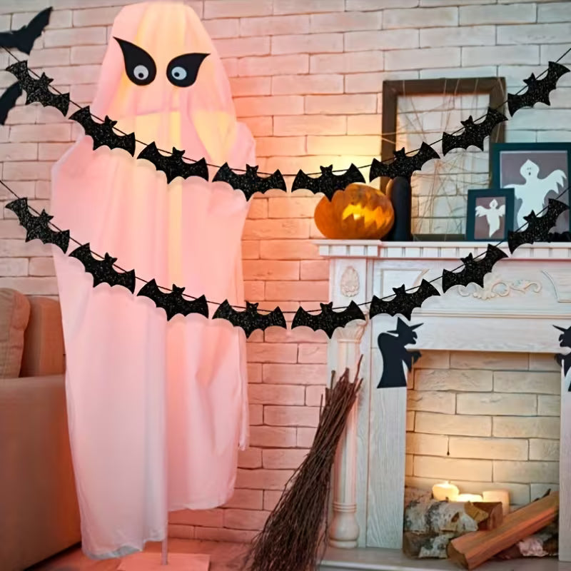 Black Shiny Bat Wreath Banner Halloween Party Decoration Hanging Ornament