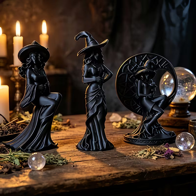 3pcs Set of Black Witch Statues, Gothic Moon Witch Statues, Witch Worship Pentagram Decorations