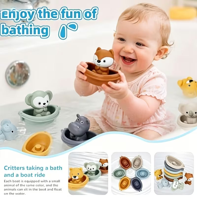 4-Piece 2 Animals+2 Small Boats Fun Water Floating Animal Bath Toys
