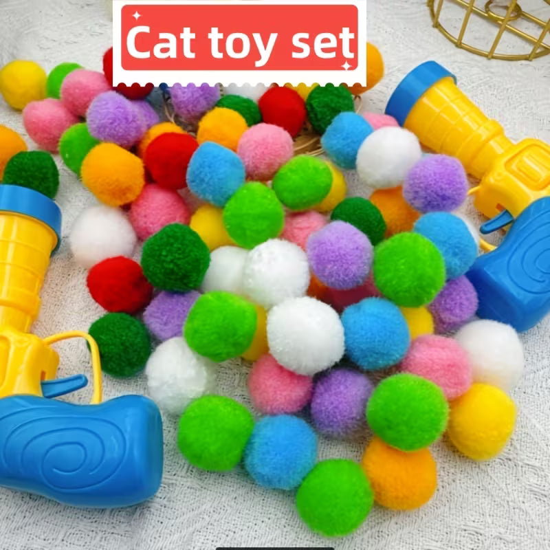 14/34/64 Plush Balls with Two Plastic Launchers, Children's Cat Teaser, Plastic