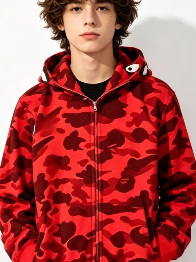 HCKJ - Teen And Teenager Red Shark Hoodie - Camouflage Full Zip Hooded Sweatshirt, Hip Hop Style