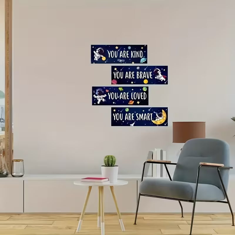 4 Inspirational Wooden Wall Signs - Motivational Quotes and Little Astronauts - for Bedroom