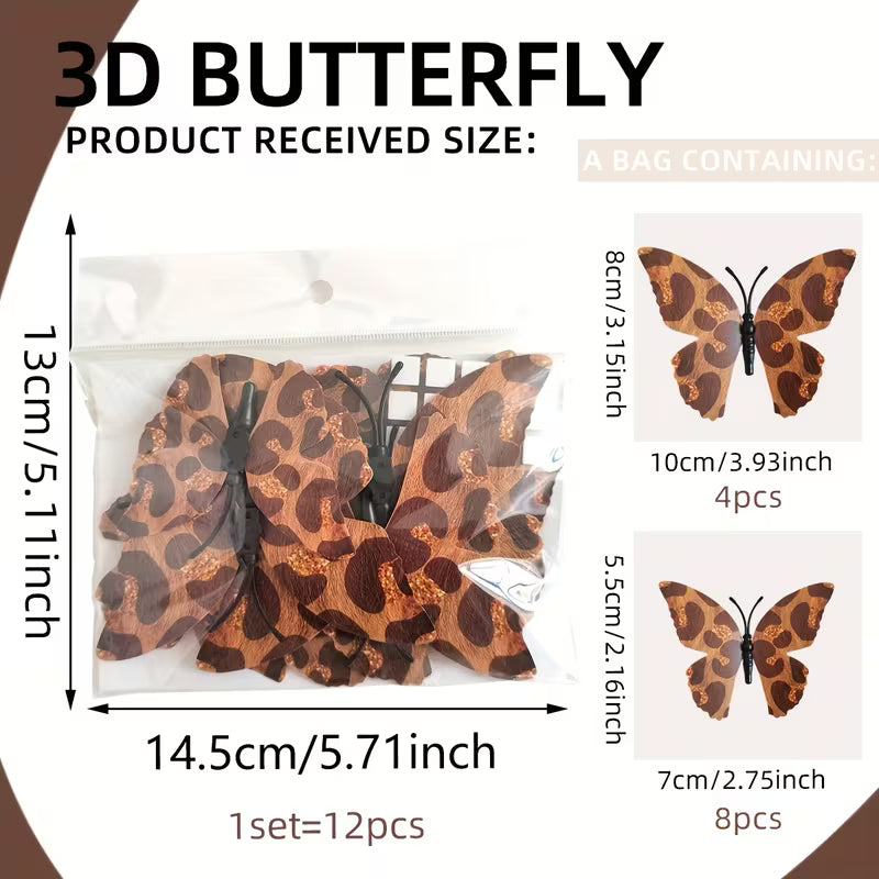A Set of 12pcs PY3046 Creative Leopard Print 3D Butterfly Decorative Stickers for Home Background