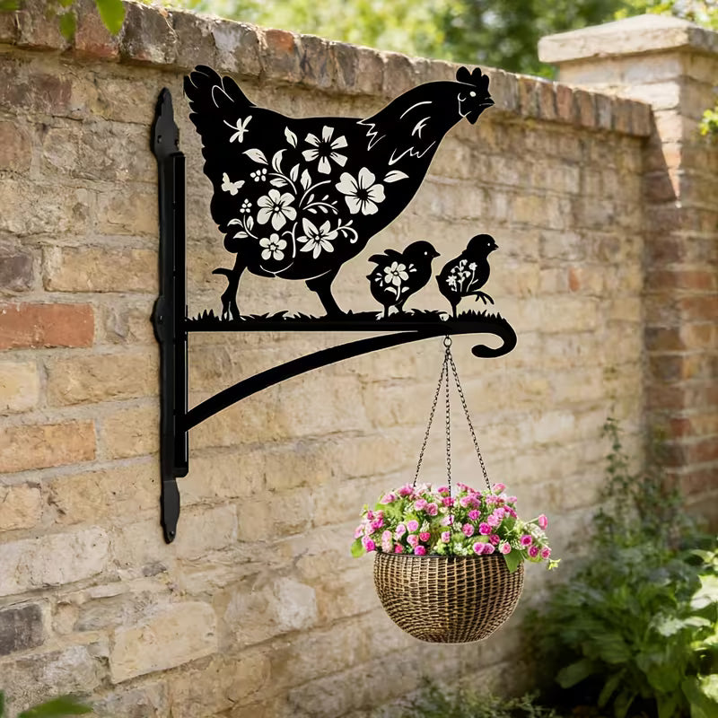 Wrought Iron Floral Hollow Hen And Chick, Iron, Green