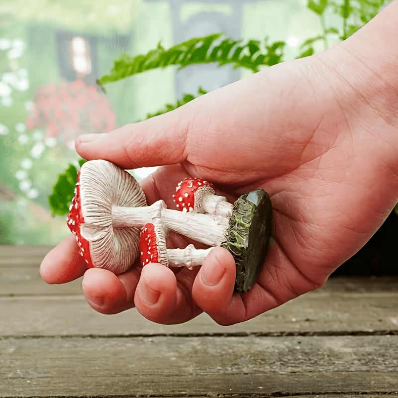 1pc Red and White Spotted Resin Mushroom Ornament with Moss Base